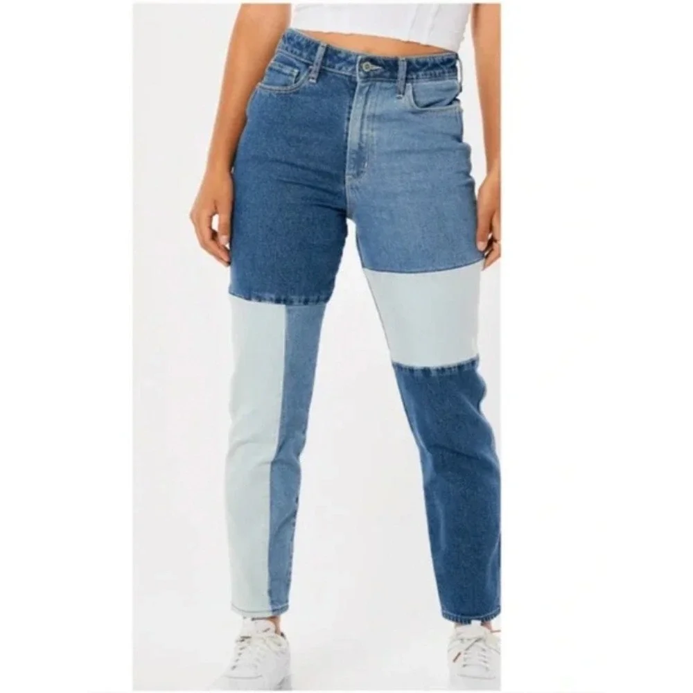 Hollister Ultra High-Rise‎ Mom Jean Denim Patchwork Colorblock Blue 3S 26x25